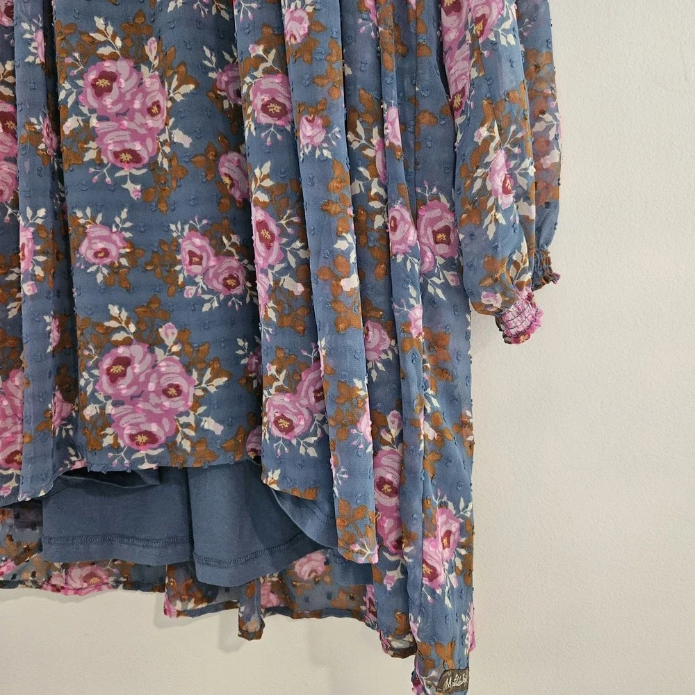 Matilda Jane Floral Flutter Twirl Dress L Women Balloon Sleeve Swiss Dot Midi Bl - Picture 7 of 11